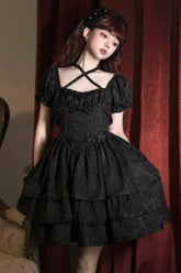 Black Thorn Rose Short Sleeves Multi-layer Ruffle Bowknot Gothic Princess Lolita Dress